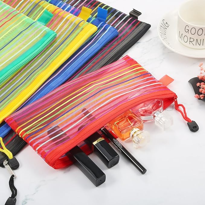 HESTYA 10 Pcs Mesh Zipper Pouch Bags for Organizing 5 Sizes, 5 Colors Large Small Pouch Bulk Cosmetics Purse Toiletry Travel Cases Multipurpose Makeup Document File Storage for Home Offices Supplies