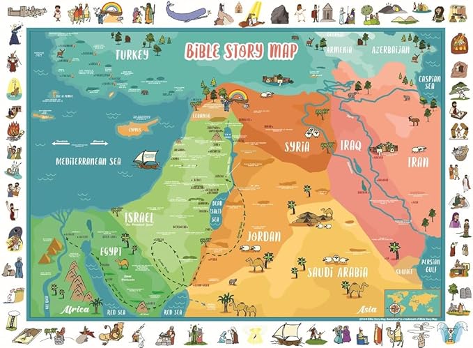 Bible Story Map Poster – Large Double-Sided (27" x 37") Sunday School Decorations for Classroom - Biblical Map of Israel and Holy Land for Bulletin Board – Includes Educational Games & Memory Activities on one side. 70 illustrated Bible Story Images an...