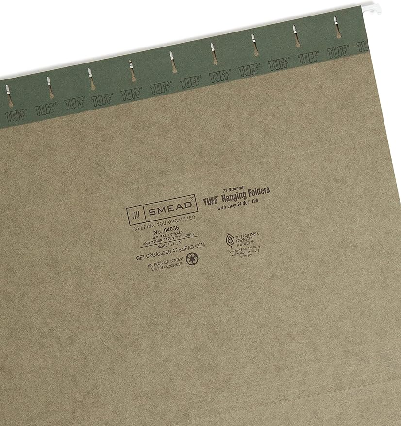 Smead TUFF Hanging File Folder with Easy Slide Tab, 1/3-Cut Sliding Tab, Letter Size, Standard Green, 20 per Box (64036, Rod Color May Vary)
