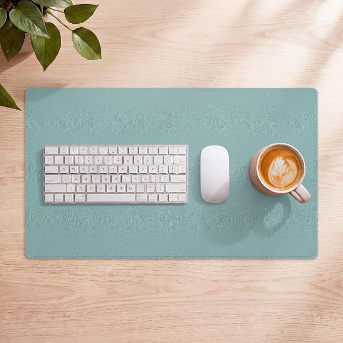 AFIING Leather Desk pad Protector, Light Blue, 35.4" x 17" | Dual-Sided Cork & PU Leather, Non-Slip, Waterproof, Large Mouse Pad for Office, Home & Gaming