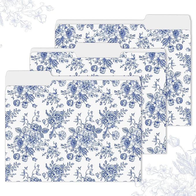 Whaline 24 Pack Blue Floral File Folders Letter Size Toile Blue Chinoiserie Flower File Pockets with 1/3 Cut Tab for Home Office Classroom Supplies, 8.9 x 11.6 Inch