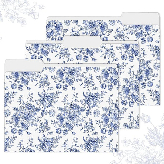Whaline 24 Pack Blue Floral File Folders Letter Size Toile Blue Chinoiserie Flower File Pockets with 1/3 Cut Tab for Home Office Classroom Supplies, 8.9 x 11.6 Inch