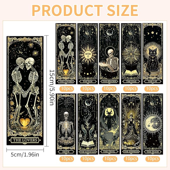 100 Pcs Gothic Tarot Bookmarks Bulk, Dark Academia Witchy Book Marks for Reading, Skeleton Paper Page Markers, Bookish Gifts for Reading Women Book Lovers Men, Dark Romance Merch