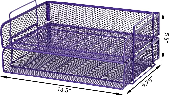 EASEPRES 2 Pack Stackable Desk Paper Tray, Metal Mesh Desktop Document Letter File Organizer for Office Home School, 13.5'' L x 9.75'' W x 5.5'' H, Purple