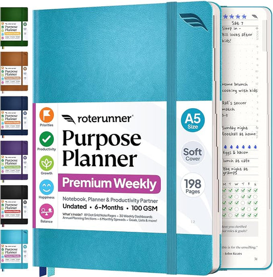 Roterunner Purpose Planner Notebook A5 5.8”x8.3” Undated 2026 Daily Weekly and Monthly Productivity Goal Setting Tool for Work Home ADHD Planner for Adults Self Care Journal (Teal Softcover)