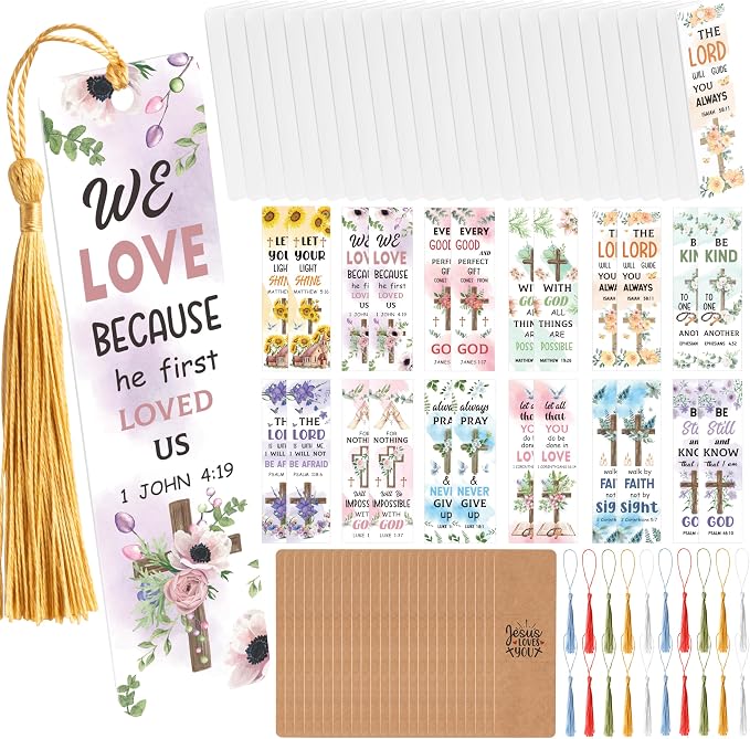 Haooryx Flowers Christian Bible DIY Bookmark - 96Pcs Floral Bible Verse Tassel DIY Bookmark UV DTF Transfer Sticker Blank Transparent Rectangle Acrylic Book Marker Kid DIY Crafts Kit Birthday Gift Tag