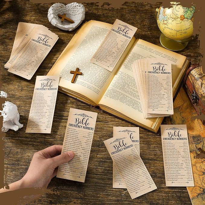 Motiskyy 100 Pcs Christian Bible Verse Emergency Numbers Bookmark Fathers Day Bookmark Religious Church Gift 2.36 x 6'' Catholic Books of The Bible Card for Women Men Sunday School (Brown)