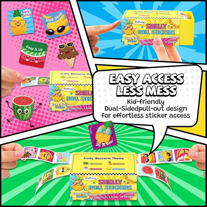 HORIECHALY 1200 Pcs Scented Stickers for Kids, 4 Rolls Scratch and Sniff Smelly Motivational Reward Stickers, Classroom Teacher Must Haves, School Supplies Incentives for Students(0.98")