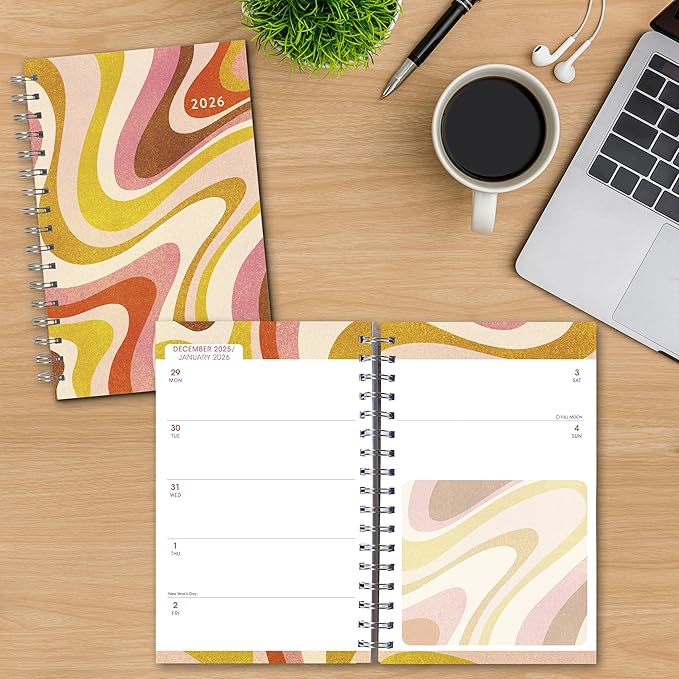 2026 Planner, Weekly & Monthly Planner, Retro 70s Psychedelic Abstract Design, 12-Month Engagement Calendar: 2026, 6" x 9", Groovy Swirls