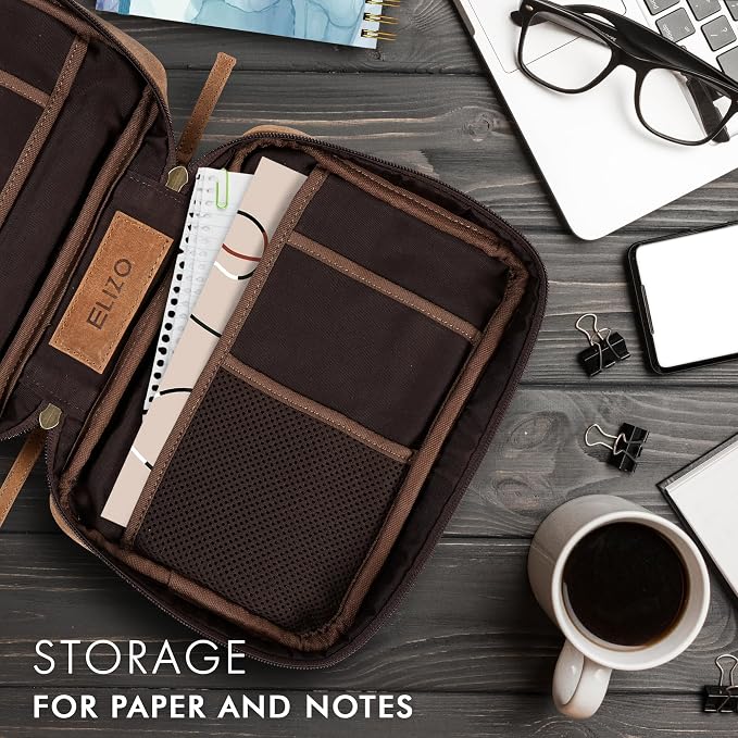 ELIZO Leather Bible Cover for Men Bible Case for Women Zippered Holder Protector Cross Church Tote Bag Carrying Organizer Sleeve Gift Standard Saddle
