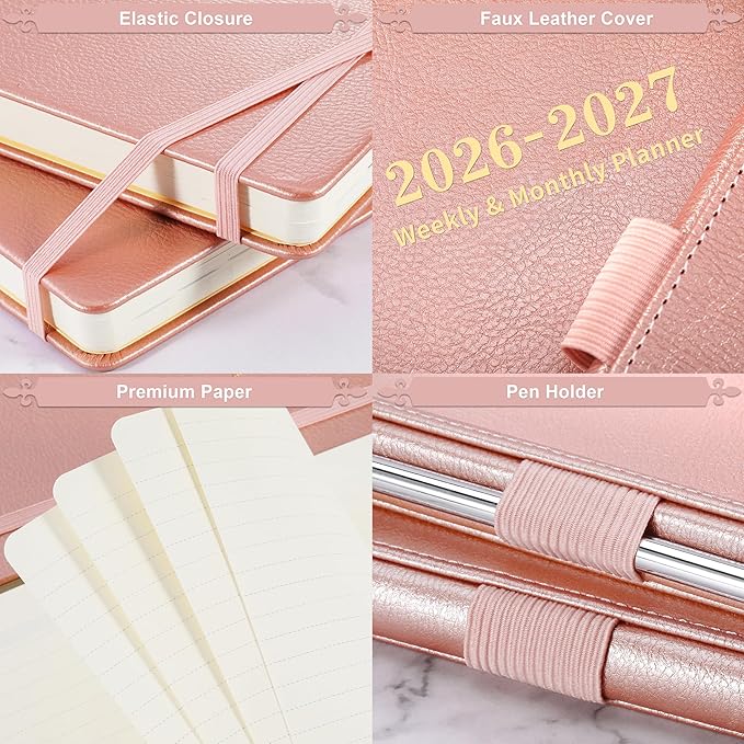 Planner 2026-2027 - Weekly and Monthly Planner with Stickers, 5.7" X 8.2", July 2026 - June 2027, 2026-2027 Calendar Planner, Pen Holder, Inner Pocket, 44 Notes Pages - Rose Gold