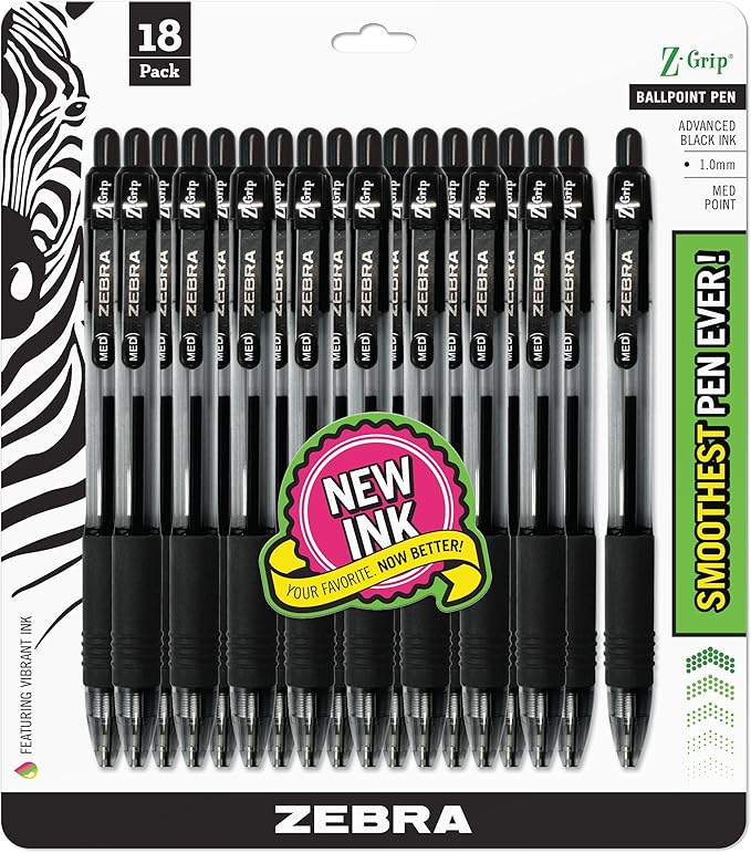 Zebra Pen Z-Grip Retractable Ballpoint Pen, Medium Point, 1.0mm, Black, (Case of 6 packs, 108 Count Total)