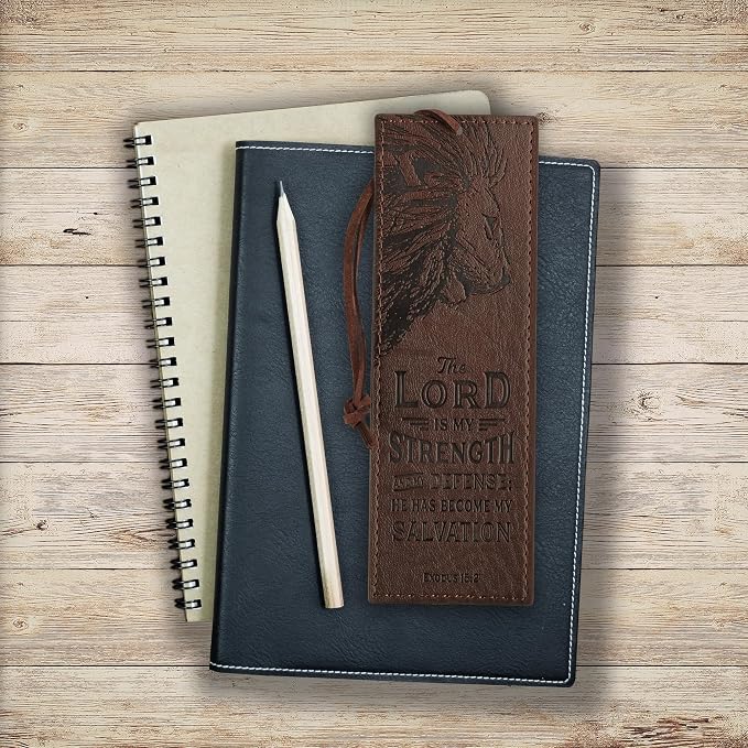 Christian Art Gifts Premium Vegan Faux Leather Scripture Bookmark for Men: The Lord Is My Strength - Exodus 15:2 Inspirational Bible Verse Heat-Debossed, Faith-Based Reading Accessory with Cord, Brown
