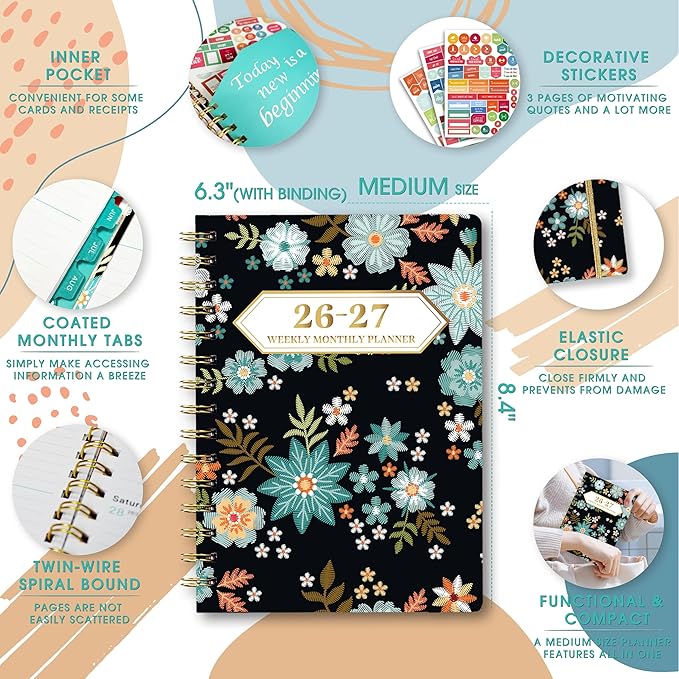Planner 2026-2027, Academic Year Planner - Daily, Weekly & Monthly Calendar, Jul 2026 - Jun 2027, 6.3" x 8.5", Spiral Notebook with Tabs, Stickers & Inner Pocket, Ideal for School, Office, Home