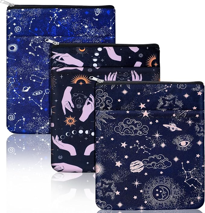Roowest 3 Pcs Book Protector Sleeve with Zipper Covers Protector Bag Pouch for Book Lovers Bookish Holiday Festival Gifts Canvas Paperback Cover Washable Pouch Pocket 11 x 8.7 Inch(Celestial)