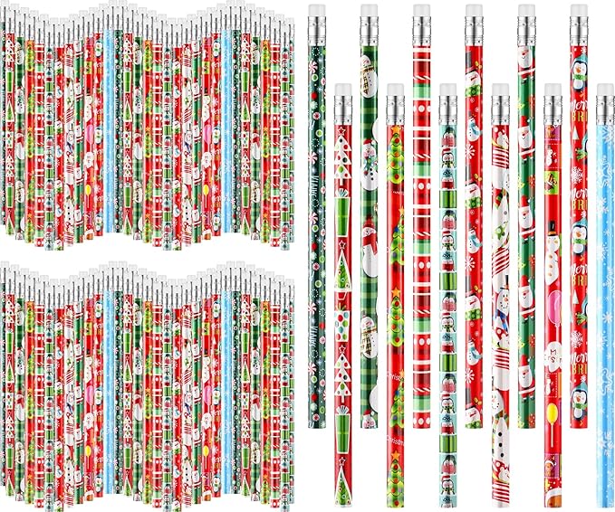 Yexiya 336 Pcs Christmas Pencils for Kids Bulk Colorful Holiday Wood Pencils with Erasers Xmas Snowman Santa Elk Christmas Classroom Gifts for Goodie Bags Office School, 12 Styles