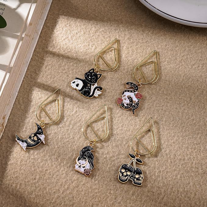 Horror Gothic Skeleton Bookmark - 5 PCs Cool Witchy Crow Paperclips Book Mark Fantasy Spooky Personalized Vintage Metal Bookmarks Reading Supplies Men Women Adult Birthday Valentines Gifts