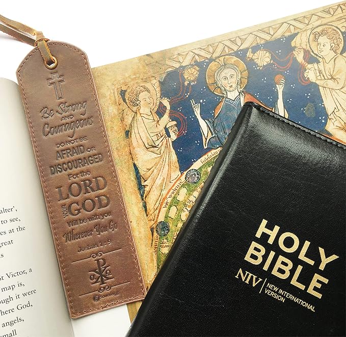 Leather Bible Bookmarks - 2 Leather Christian Bookmarks with Inspirational Bible Verse | Joshua 1: 9 Be Strong & Courageous | Perfect Religious Book Marker Gifts for Men, Women, Readers and Friends