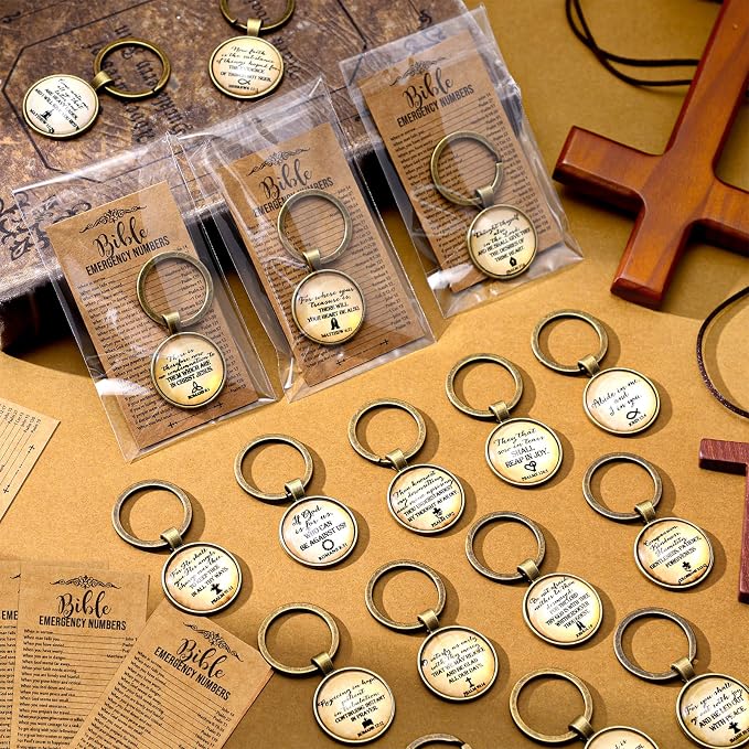 Junkin 25 Set Christian Keychain Gift Bulk for Men Fathers Day Church Bible Emergency Numbers Bookmark Bible Verse Keychain for Men Women Father Friends Coworkers (Vintage)