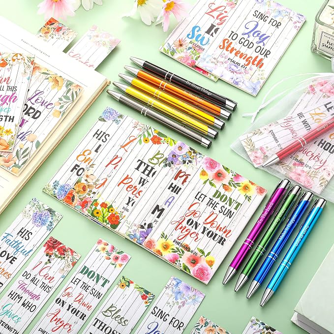 Sinmoe 120 Pcs Christian Bible Verse Sets Bulk Scripture Bookmarks Religious Ballpoint Pens Christian Notebooks & White Organza Bags for Church Wedding Women Men Party Favors Bible Study