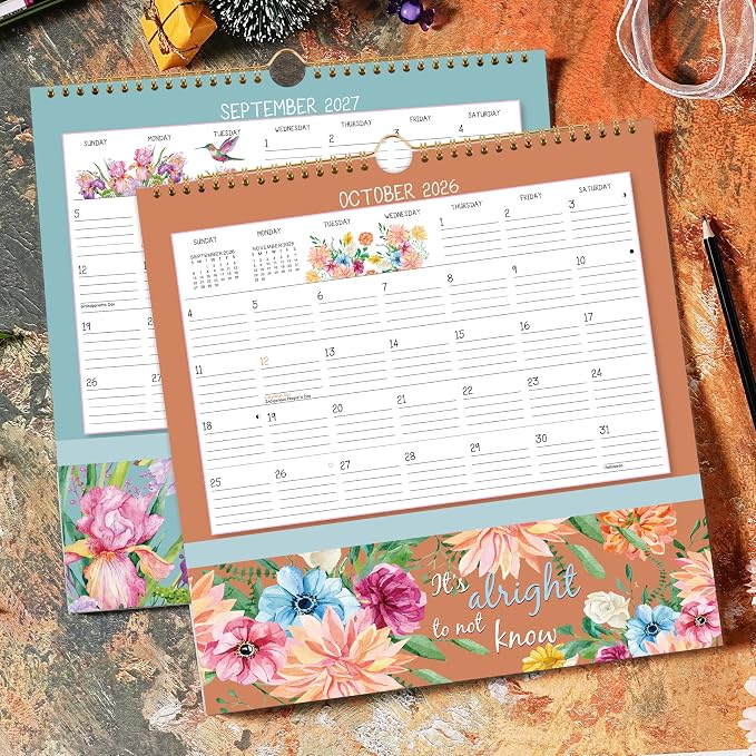 Wall Calendar 2026-2027 - Pocket Calendar, 11.2" x 11.2", 2026-2027 Calendar with Pockets, Jul. 2026 - Dec. 2027, Wall Calendar 18 Month with One Pockets, Calendars for Office School Home, Golden Twin Wire Binding, Premium Paper - 12 Different Floral