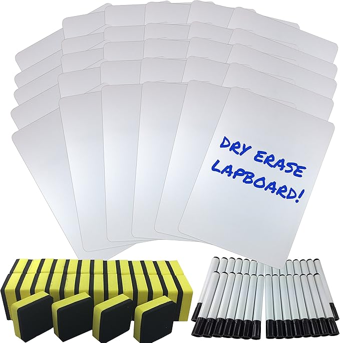 Clipco Dry Erase Lapboard Classroom Kit, Set of 30 Whiteboards, Black Dry Erase Markers and 2'' x 2'' Erasers