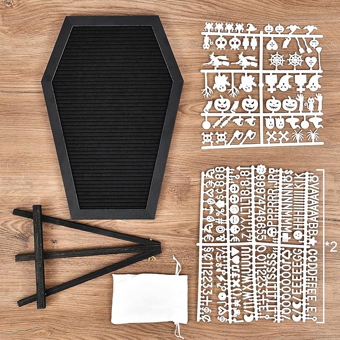 Coffin Letter Board - 520 Characters Spooky Halloween Characters with Wooden Stand and Canvas Bag - 16x11 Inches - Felt Message Board for Home Office Halloween Supplies & Decor (Black)