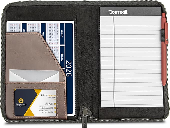 Samsill Small Vintage Portfolio/Zipper Faux Leather Portfolio, Book Style Hardback Design, Business & Interview Padfolio Organizer, Holds 5 x 8 Writing Pad, Dark Brown