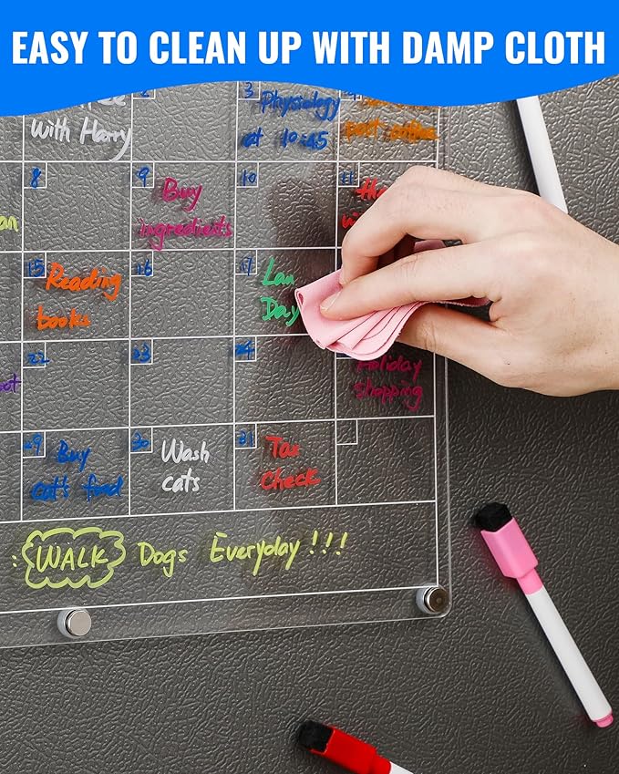 4 Pack Acrylic Magnetic Calendar for Refrigerator Set, Clear Monthly Weekly Daily Dry Erase Whiteboard for Fridge with 8 Color Markers, Meal Planner, Menu Board, Home Decor