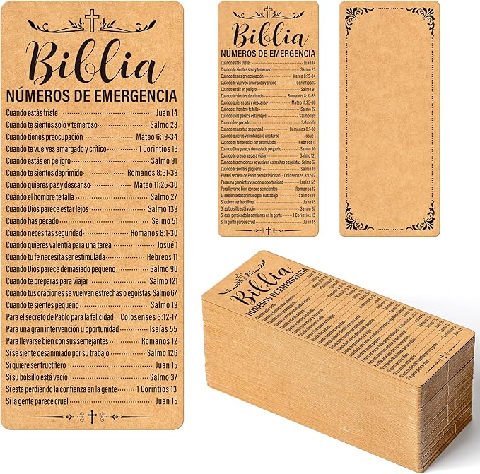 120 Pcs Kraft Paper Spanish Bible Emergency Numbers Bookmark Christian Bookmarks Bible Verse Bookmarks for Church Welcome Gifts Sunday School Prayer Reading Rewards 2.28 x 5.31inch