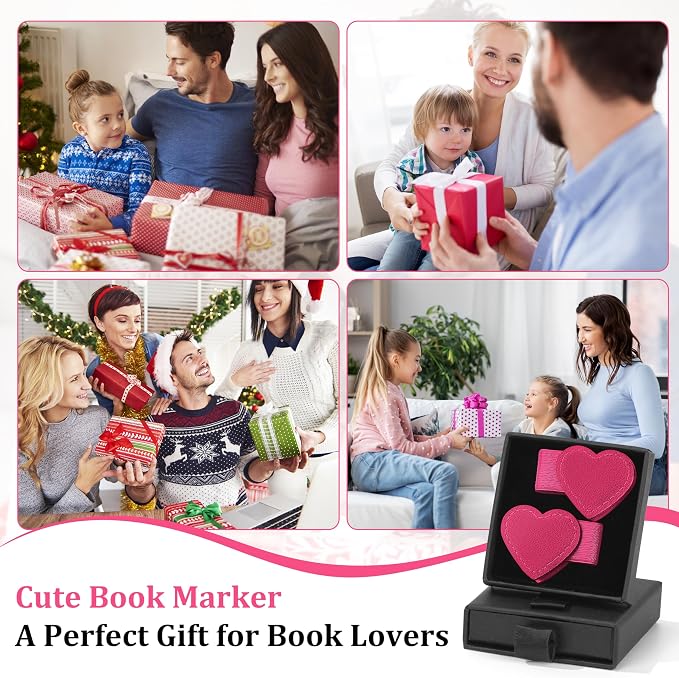 2Pcs Magnetic Leather Heart Bookmarks with Pen Holder, Cute Book Markers Clip with Gift Box, Reading Accessories for Book Lovers Women Teachers Students, Rose Red
