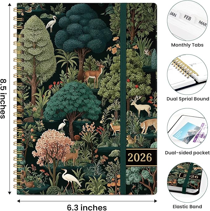 2026 Planner, Weekly and Monthly Planner for Women, Jan 2026 - Dec 2026 Pretty 2026 Calendar Planner with Monthly Tabs, Inner Pocket, Spiral Binding, Perfect for Office Home School - 6.3" x 8.5", Jungle Life