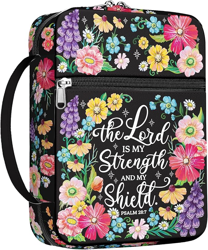 Floral Faith Bible Cover for Women with Handle and Zipper Pocket, Canvas Scripture Case with Psalm Verse, Fits Standard Size Bible, Christian Gift for Mom Daughter Church Use