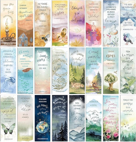 96 Pcs Spanish Bible Verse Christian Bookmarks, Watercolor Paper Book Marks with Inspirational Scriptures, Religious Page Markers for Reading Women Kids Bible Study Church School Office Supplies