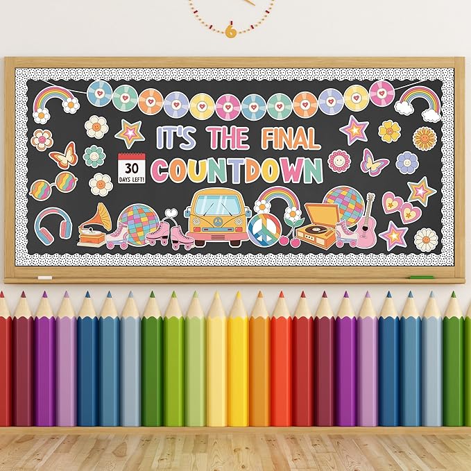 119Pcs Back to School Countdown Calendar Bulletin Board Set, Retro Groovy Happy Face Cutouts Classroom Decor Border Trims Welcome Back to School Chalkboard Supplies Wall Door Decor