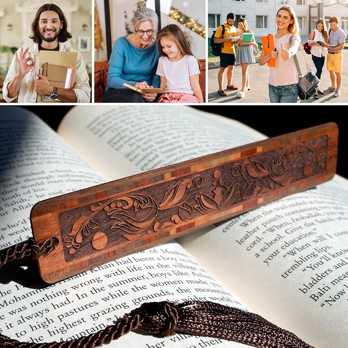 Elegant Scrollwork Wooden Bookmark | Ornate Victorian Floral Engraved Bookmark | Decorative Gift for Book Lovers and Readers | Handmade with Tassel in the USA