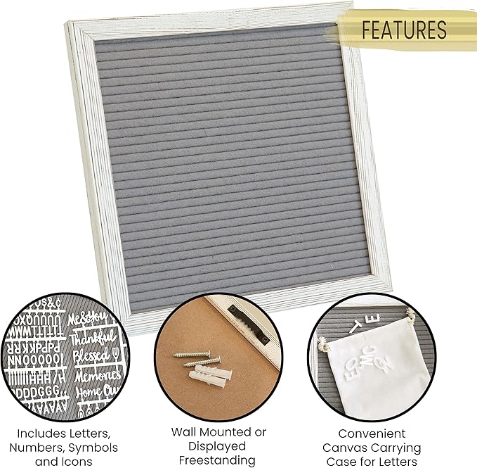 HBCY Creations 10"x10" Felt Letter Board - Solid Wood Frame - White Wash - Gray Felt - 389 PP Letters Including Numbers, Symbols, Icons - Canvas Carrying Case
