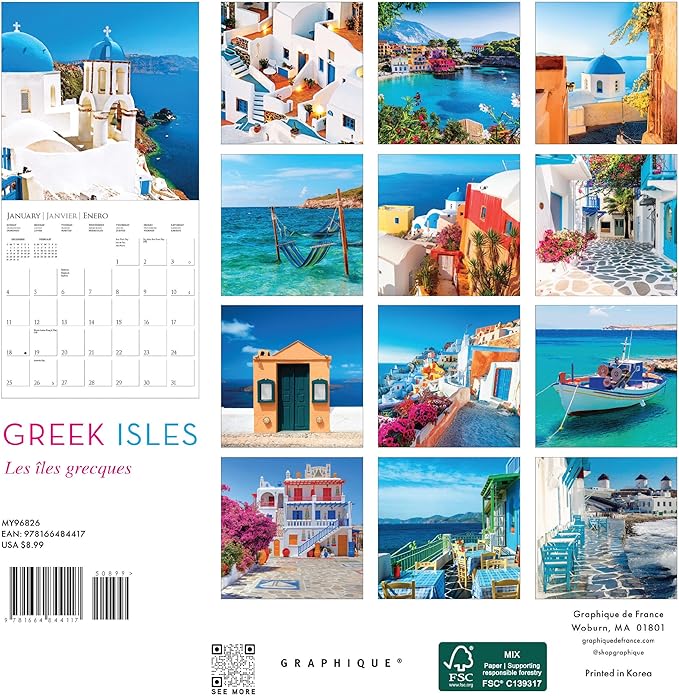 Graphique 2026 Greek Isles Mini Wall Calendar | 7” x 7” | Thick Paper | Home & Office Organizer | Large Monthly Grid | 3 Languages & Marked Holidays | 4 Month Preview Page for 2027