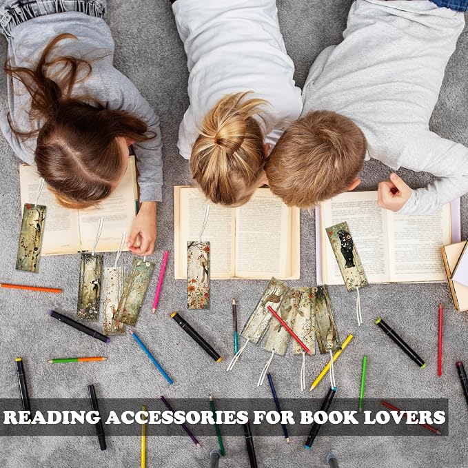 Forest Animals Bookmarks, 100 Pcs Double-Sided Bulk Paper Book Marks with 4mm Hole & Strings, Nature Illustration Reading Accessories for Women and Book Lovers