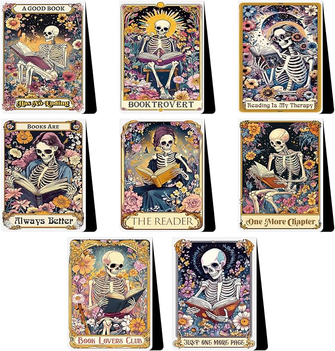 Skeleton Gothic Magnetic Bookmarks - 8 PCs Funny Horror Goth Book Marks Accessories Reading Lovers Cool Unique Fantasy Dark Romance Page Clip Essentials Gifts for Women Men Readers Bookish