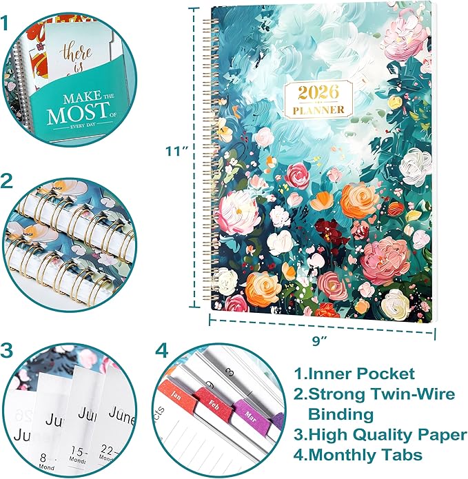 2026 Planner - JAN 2026 - DEC 2026, 9" x 11" Calendar Planner 2026, 2026 Planner Weekly and Monthly, Twin-wire Binding, Ample Writing Space
