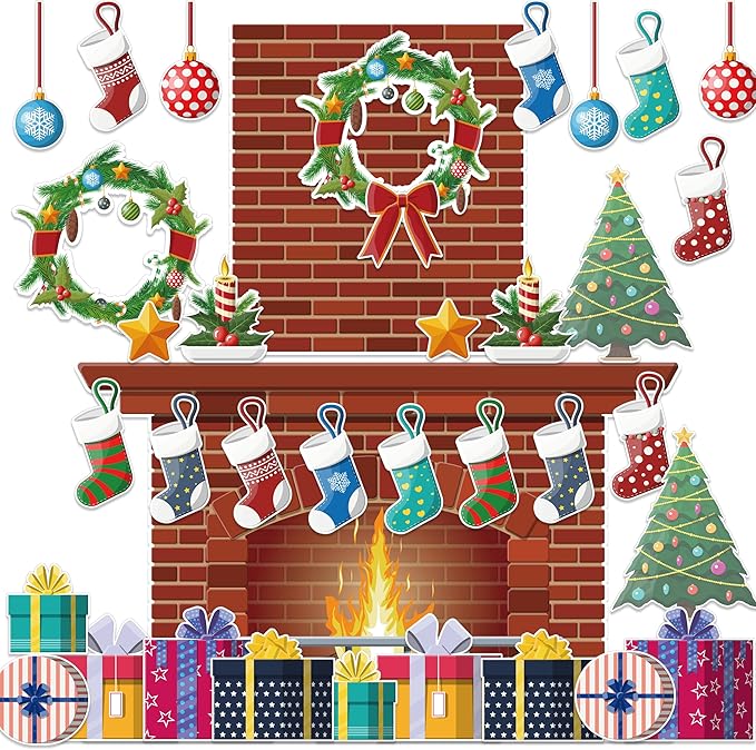 4Ft Christmas Fireplace Bulletin Board Set Christmas Bulletin Board Decoration Christmas Gifts Fireplace Wreath Stockings Cutouts for Classroom Home Chalkboard Wall Decoration, 52Pcs