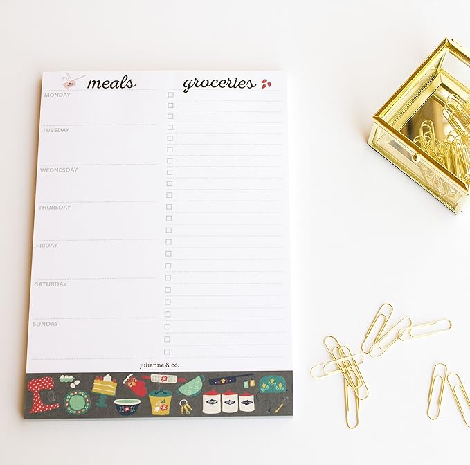 Weekly Magnetic Meal Planner Notepad By Julianne & Co - Food Planning Grocery List Pad, Premium A5 Pages Lasts 1 Ful Year with Tear Away Perforated Shopping List (Kitchen Print WITH Fridge Magnet)