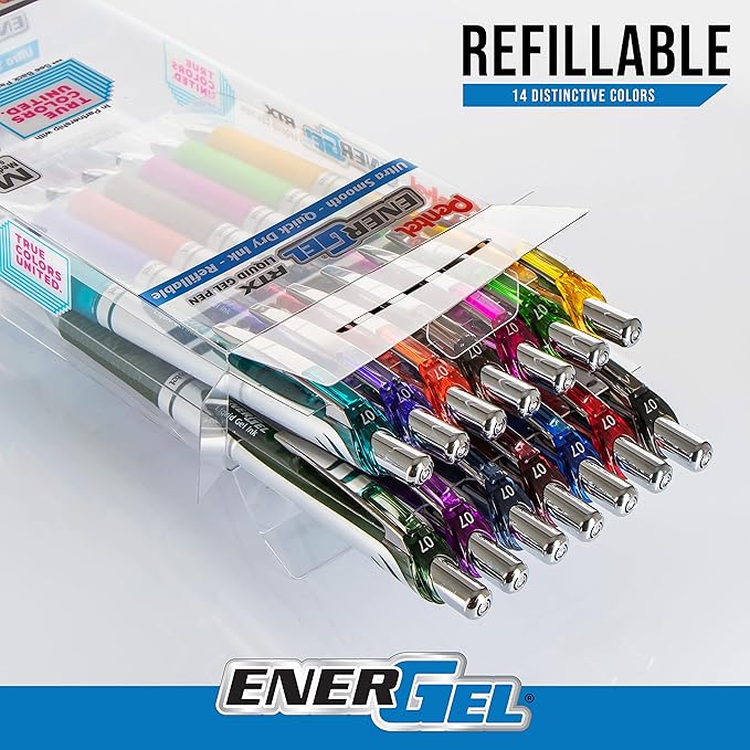 Pentel EnerGel RTX True Colors United 0.7mm, Medium Line, 14 Assorted Ink Colors, Pack of 14 pens BL77PC14MTCU