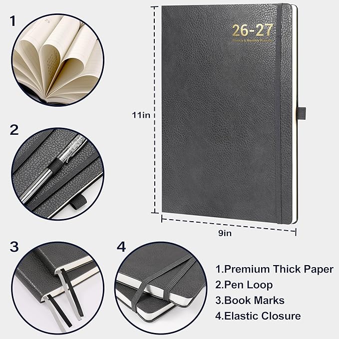 Planner 2026-2027 - Planner Weekly and Monthly 2026-2027, Jul 2026 - Jun. 2027, 8.5" x 11", Academic Calendar, Leather Cover Planners with Thick Paper, Back Pocket with Notes Pages - Grey