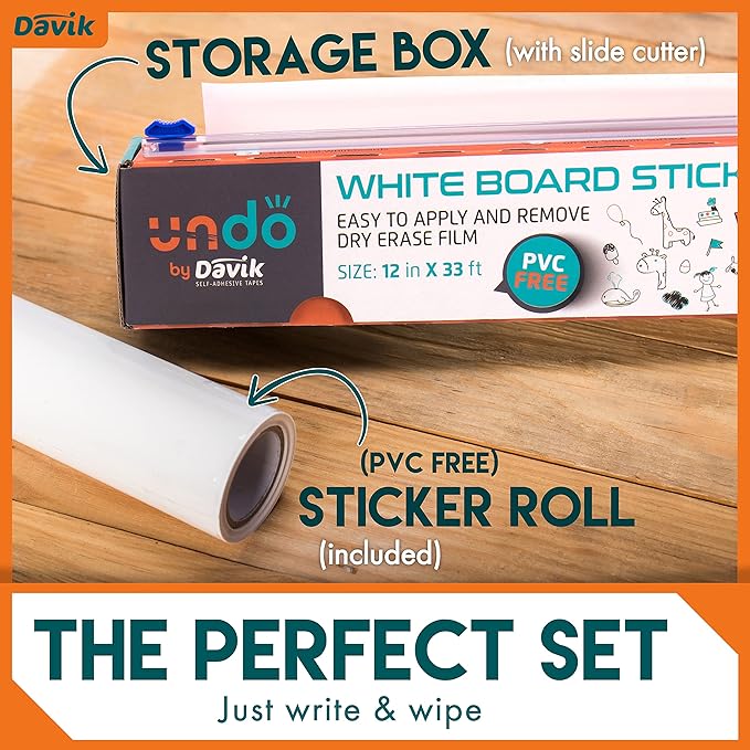 Undo White Board Sticker, Easy Cut and Set Up Dry Erase Board for Wall Art or Classroom Decor, Office and School Supplies, 12 Inches by 33 feet - Davik