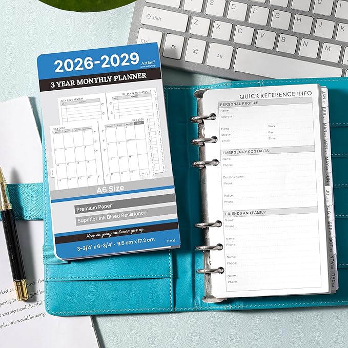 2026-2029 Planner Refills - A6 Planner Inserts with 6-Hole Punched, July 2026 - June 2029, 3 Year Monthly Planner Refills, 3-3/4" x 6-3/4", A6 Binder Inserts, 2026-2029 Monthly Planner with Tabs