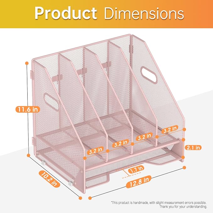 Docnest Desk File Holder Sorter, 4 Vertical Compartments Rack with Letter Tray, Mesh Magazine File Holder with Handle,Workspace Organizers,Desk Organizers for Paper, Mail, Documents-Pink