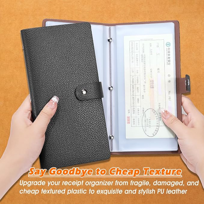 Leather Coupon & Receipt Organizer, Portable Receipt Holder with 40 Clear Pockets for Home, Shopping, Travel, Business Trip – Keep Receipts and Coupons Organized, Prevent Loss and Damage (Black)
