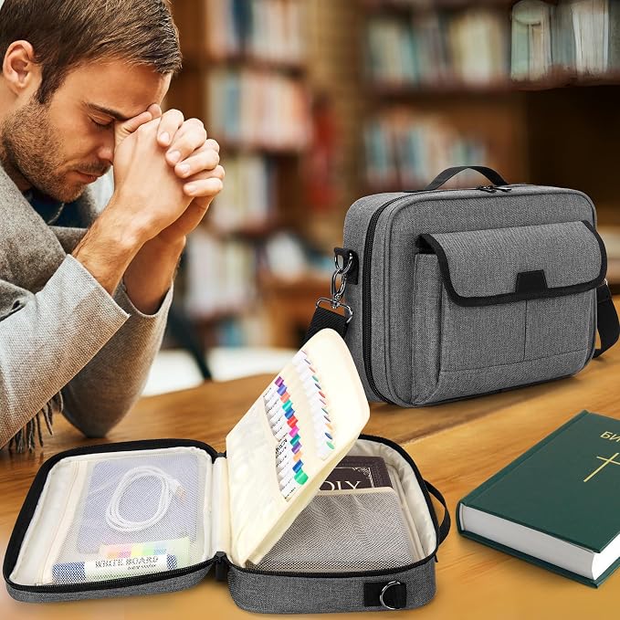 LoDrid Bible Carrying Case for Church with Multiple Pockets, Portable Bible Cover Bag with Handle and Shoulder Strap for Bible Accessories, Grey, Bag Only